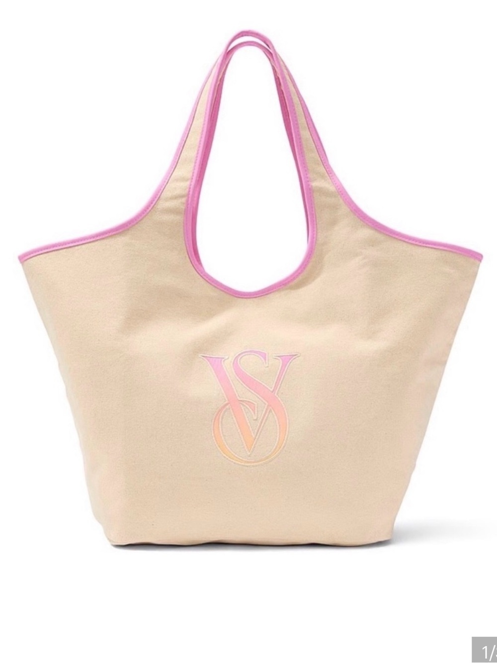 Victoria's Secret Beige Canvas Tote with Pink Trim